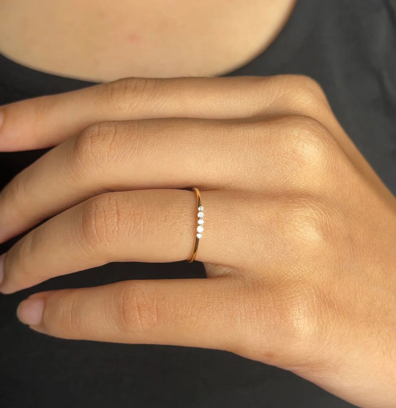14K Gold Five Diamond Ring, Minimalist Dainty Stackable Band