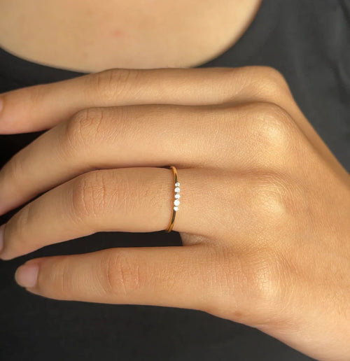 14K Gold Five Diamond Ring, Minimalist Dainty Stackable Band