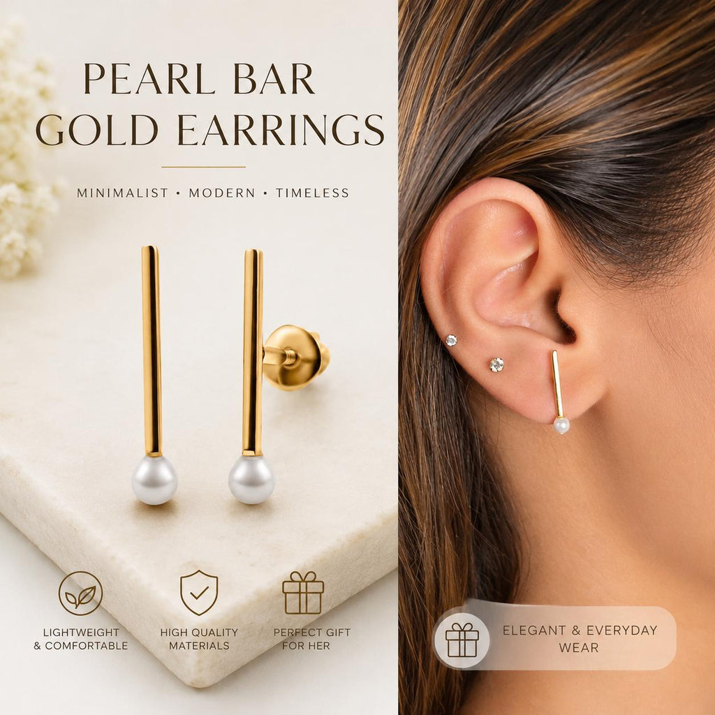 Pearl Bar Stud Earrings in Solid Gold | 14K Gold Pearl Earrings | Minimalist Pearl Jewellery | Dainty Everyday Earrings | Gift for Her