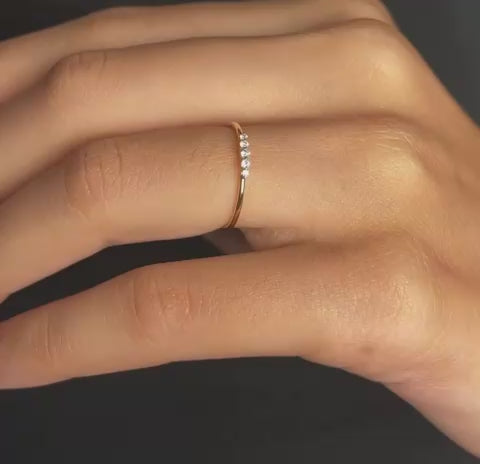 14K Gold Five Diamond Ring, Minimalist Dainty Stackable Band